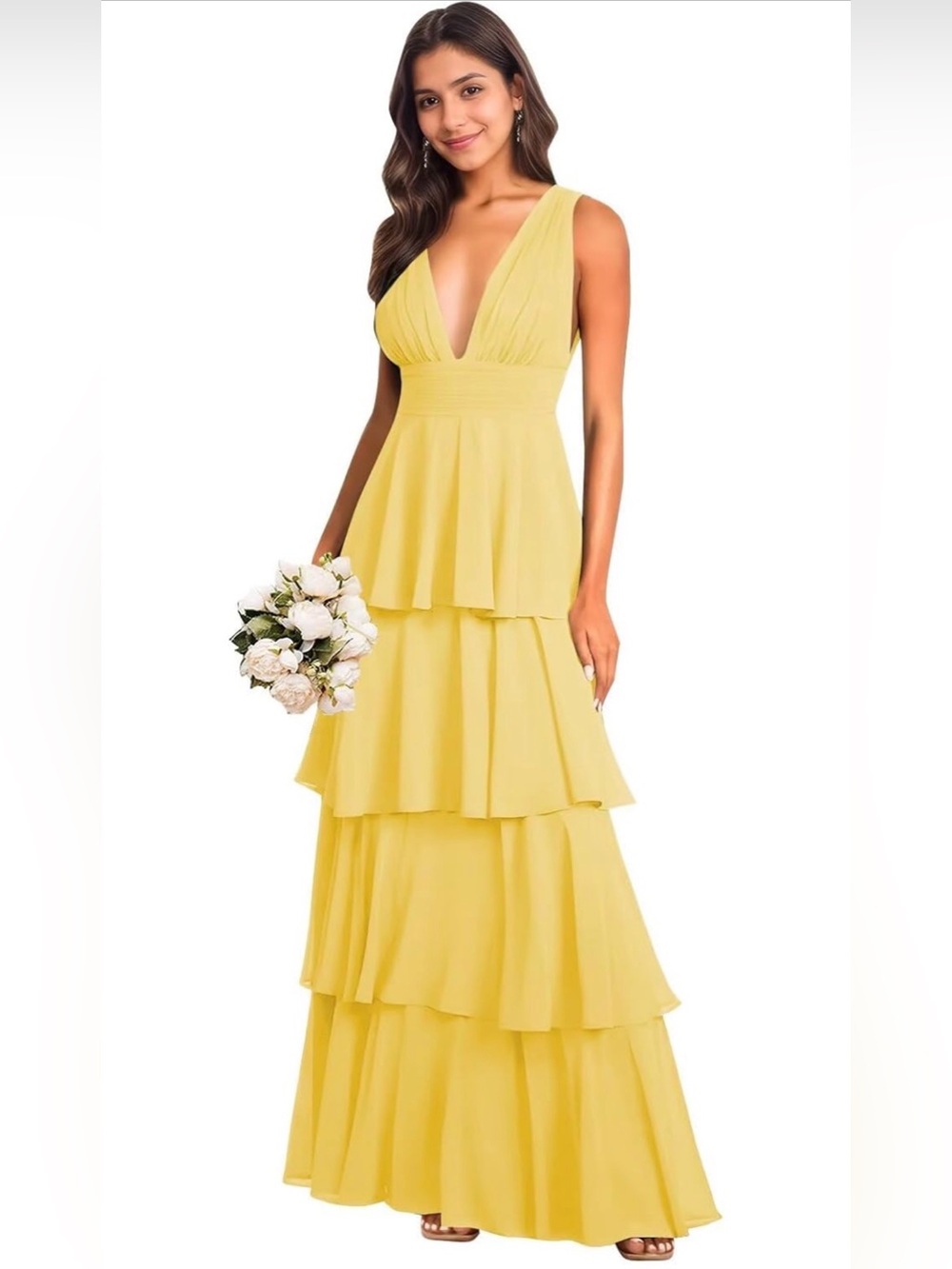 Yellow Tiered V-Neck Maxi Dress
